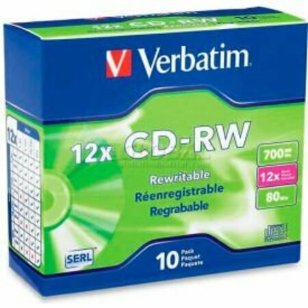 VERBATIM AMERICAS Verbatim® CD-RW Discs, 95156, 4-12X, 700MB/80Min, Slim Case, 10/Pk, Silver 95156